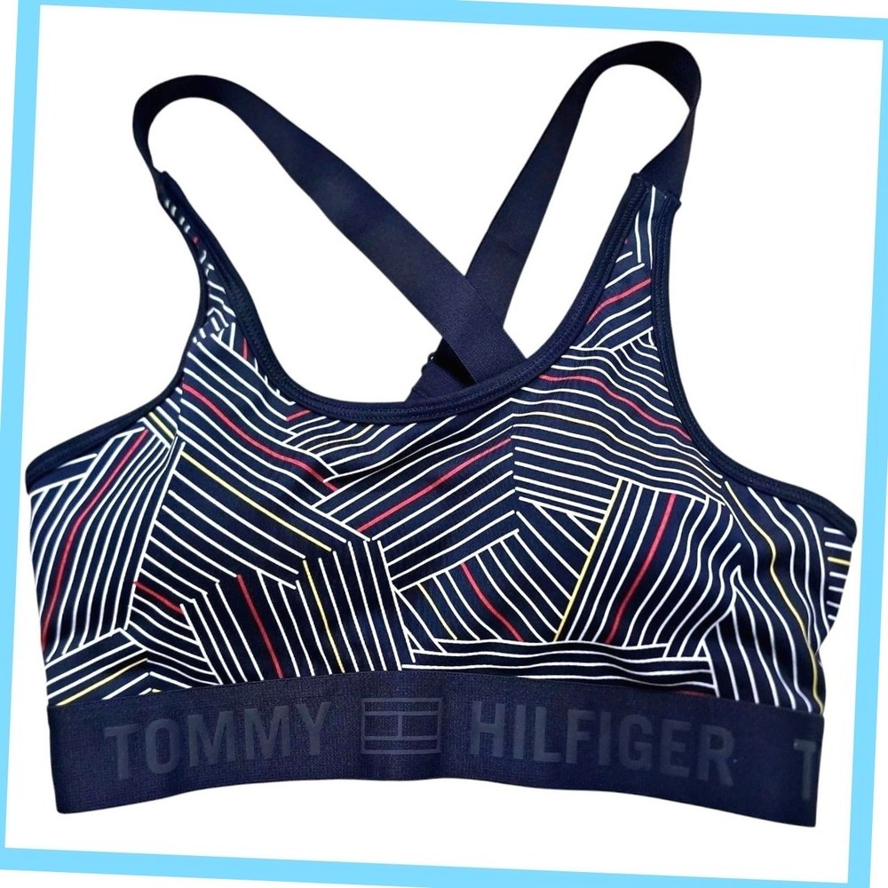 Tommy Hilfiger Sports Bra Geometric Print Navy Blue XS Adjustable Racerback NWOT